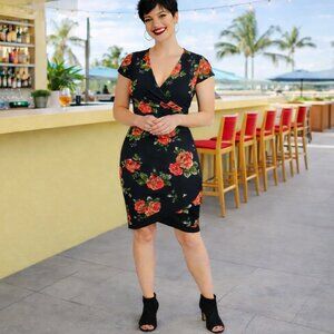 NWT - Small black form fitting floral dress. V-neck faux wrap. Glam. Dressy